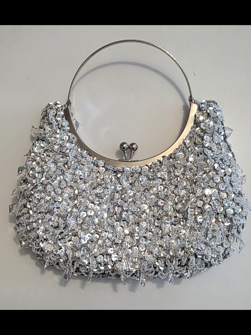 Silver Sequin Evening Clutch Bag with Metal Handle